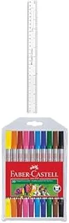 Faber-Castell Plastic Slim Ruler 12-Inch + Double-Ended Felt Tip Pens 10 Color