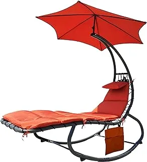 BalanceFrom Hanging Rocking Curved Chaise Lounge Chair Swing with Cushion, Pillow, Canopy, Stand and Storage Pouch, 330-Pound Capacity