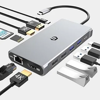 قاعدة توصيل ثلاثية لأجهزة الكمبيوتر المحمول، موزع USB C 12 في 1 مع 2 HDMI، DP، 100W PD، 3 USB 3.0، صوت، قارئ بطاقة SD/TF، ​​يدعم شاشة ثلاثية 4K