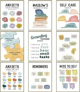 BPA 9 Pieces Mental Health Posters Anxiety Therapy Motivational Poster Psychologist Counselor Inspirational Posters Positive Quotes Wall Decor Classroom for Home Office, 8 x 10 Inch(Retro Style)