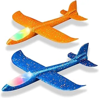 2 Pack - Throwing Plane Foam Flying Plane Led Light Throwing Airplane 17.5 Inches Hand Throwing Plane For Kids Boys Girls 2 Flight For Kids 3-9 Years, Large, Assorted Colors, Pack of 2