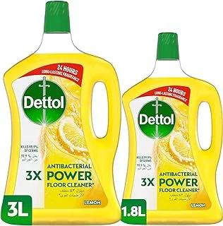 Dettol Lemon Antibacterial Power Floor Cleaner with 3 Times Powerful Cleaning (Kills 99.9% of Germs), 3 L + 1.8L (Pack of 2)