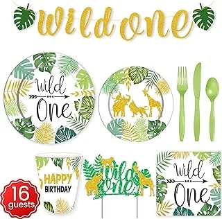 114 Piece Wild One Party Pack Tableware Cups Napkin Tissue Straws Plates Set 16 Guest, GOLDEDGE, PSB1