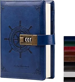 TIEFOSSI B6 Journal Vintage Brown Rudder Leather Journal Diary Notebook Three-Digit Password Combination Lock Creative Stationery (Blue)