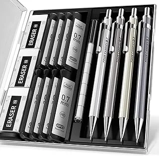 Four Candies 0.7mm Mechanical Pencil Set with Case - 4PCS Metal Mechanical Pencils, 8 Tubes HB #2 Lead Refills, 3PCS 4B Erasers and 9PCS Eraser Refills, Lead Mechanical Pencils for Writing & Drawing