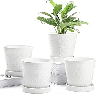 BUYMAX Plant Pots Indoor –5 inch Ceramic Flower Pot with Drainage Hole and Ceramic Tray - Gardening Home Desktop Office Windowsill Decoration Gift, Set of 4 - Plants NOT Included (White)