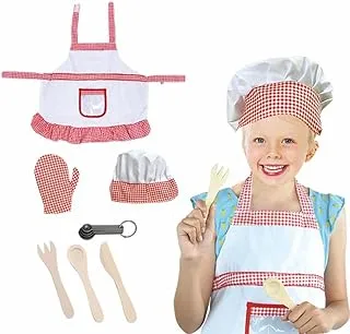 AMERTEER Chef Set For kids - 7 Pieces Kids Chef Role Play Costume Set with Apron, Hat, And Cooking Mitt, Cooking Chef Dress Up Role Play Toys - Children Dress up Pretend Gift for Girls (Red + White)