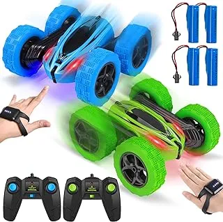 2PACK RC Stunt Car Watch لفتة الاستشعار سيارة 4WD مزدوجة الجوانب 360 درجة تناوب تراجع سيارة قابلة للشحن عالية السرعة 2.4 جيجا هرتز على الطرق الوعرة هواية RC لعبة السيارات لعيد الميلاد هدية عيد ميلاد البالغين والأطفال (أزرق / أخضر)