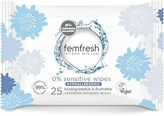 مناديل Femfresh الحميمة الحساسة بنسبة 0% - قابلة للتنظيف والتحلل الحيوي، للاستعمال مرة واحدة، أقمشة خالية من العطور والصابون، غير معطرة، نباتية، درجة حموضة متوازنة، العناية بالبشرة لا تسبب الحساسية - 25 منديل