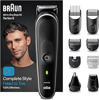 Braun 9-in-1 Multi Grooming Style Kit 5, MGK 5410, Head-To-Toe Grooming Curated Tools for Beard, Body, Ear & Nose trimming and hair clipping from home, With 100-min Runtime, Pouch, Grey