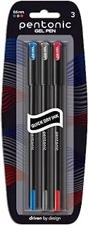 Pentonic Gel Pen Blister Pack | Tip Size 0.6 mm | Click Off Mechanism With Black Matte Finish Body | Quick Dry, Waterproof Ink For Smooth Writing Experience | Assorted Ink, Pack Of 3