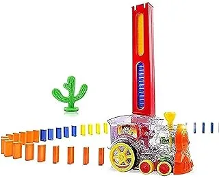 Domino train toy set, rally electric train model with light and sound, 60pcs colorful domino game building blocks car truck vehicle stacking toy for children kids boys girls