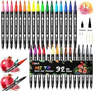 ZSCM 32 Colours Dual Tip Brush Pens Art Markers Set, Fine and Brush Tip Coloured Dual Pen for Kid Adult Colouring Book Drawing Bullet Journal Planner Calendar Art Projects