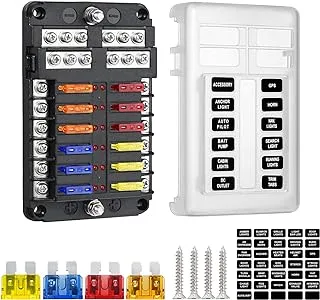 Deyooxi 12 Way 12V Blade Fuse Block,12 Circuit ATC/ATO Fuse Box Holder with LED Indicator Waterpoof Cover for 12V/24V Automotive Truck Boat Marine RV Van Vehicle (with 16 pcs Fuse)