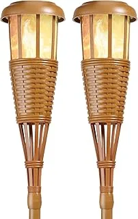 Newhouse Lighting FLTORCH2 LED Island Torch Solar-Powered Flickering Dancing Flame Effect, Waterproof Outdoor Landscape Lighting, Bamboo Finish, 2-Pack