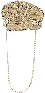 Fever Deluxe Sequin Studded Captains Hat Gold with Chain