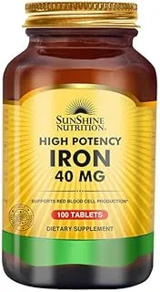 Sunshine Nutrition High Potency Iron 40 Mg | To Support Healthy Blood Cell Function | Maintaining Immune System Function & Healthy Energy Metabolism | 100 Tablets