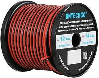 BNTECHGO 14 Gauge Flexible 2 Conductor Parallel Silicone Wire Spool Red Black High Resistant 200 deg C 600V for Single Color LED Strip Extension Cable Cord,model,100ft Stranded Copper Wire