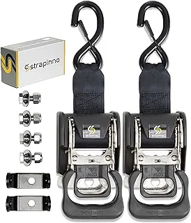 Strapinno 2PCS Stainless Steel Retractable Ratchet Straps (1 7/8 in x 4 ft) Transom Tie-Downs for Boat Trailer - Extra Mounting Brackets & Bolt Set, Safety Latch S-Hook, Break Strength 1,650LBS/750KG