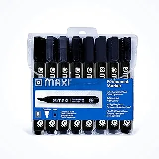 Maxi Permanent marker with Chisel tip 8pcs Black. Suitable to use on most surfaces. Mark and write on any non-porous surface such as wood, glass, plastic, or cardboard.