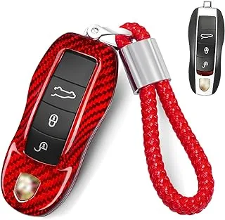 T-Carbon Real Glass Fiber Porsche Key Fob Cover with Keychain Lanyard, Key Fob Case Protector Shell for Porsche Cayenne Panamera Macan/718/911/918 Boxster Cayman Keyless Smart Key Case(Red)