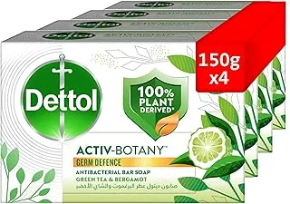 Dettol Activ-Botany Antibacterial Bar Soap, Green Tea & Bergamot Fragrance, 100% Plant-Derived Ingredients, 150g, pack of 4