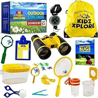 AMERTEER Toddler Explorer Kit for Kids - Children Outdoor Toys Adventure Kit for Kids, Mini Explorer Set with Binocular - Compass, Whistle, Magnifying Glass, Drawstring Bag Hunting Educational Toy