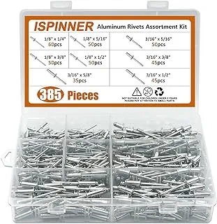 ISPINNER 385 قطعة 8 مقاسات من المسامير العمياء المصنوعة من الألومنيوم، مجموعة متنوعة من المسامير البوب ​​(فضي)