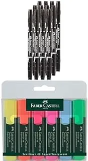 Faber-Castell Double Sided Permanent Marker Box Of 12Pc Black + Classic Highlighter Wallet Of 6