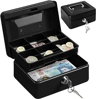 H&S Small Lock Box Money Safe with Tray for Cash - Black Metal Saving Box w/Lock and Key - with Stainless Steel Handle