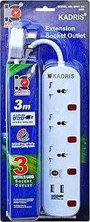 Kadris S541 2 USB 2.1A Power Strips Heavy Duty Extension Cord with 3 Way socket Outlets, 5 Meter Cable Length, White