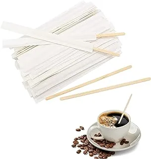 AL FAKHAMA Coffee Stirrers Disposable Wooden Pack of 150 Biodegradable Individually Wrapped in White Paper for LONG TERM use Eco-Friendly Round-End Birchwood 140MM Large Pack of 150 Wood Stir Sticks