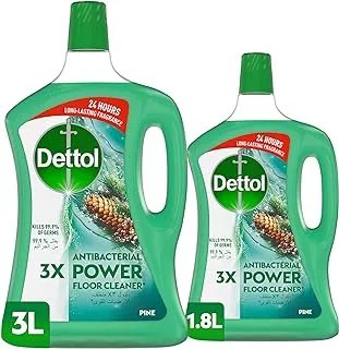 Dettol Pine Antibacterial Power Floor Cleaner with 3 Times Powerful Cleaning (Kills 99.9% of Germs), 3 L + 1.8L (Pack of 2)