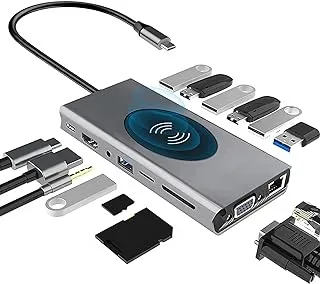 محطة إرساء USB C Hub 15 في 1 شحن لاسلكي، USB C إلى HDMI 4K، VGA، 3 * USB 3.0، 4 * USB 2.0، قارئ بطاقة SD/TF، ​​إيثرنت، USB C PD، 3.5 مم Aduio لأجهزة MacBook/Dell /لينوفو/إتش بي/نينتندو