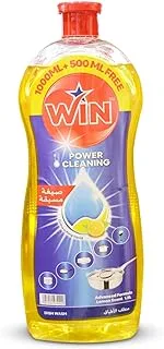 Win Power Cleaning Hand Dishwashing Liquid, With Advance Formula Lemon Scent, Long-lasting Formula for Removing Stubborn Stains and Elimination of Unpleasant Odours, Lemon, 1.5-Liters