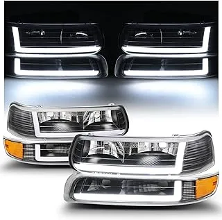 M-AUTO DRL Daylight LED Strip Headlights Assembly Compatible with 99-02 Chevy Silverado 1500HD 2500HD 3500HD / 00-06 Chevy Suburban 1500 2500 Tahoe 2/4-Door, L&R Amber Corner Headlamps + Bumper Lights