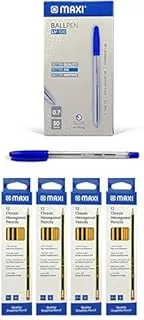 Maxi Ball Pont Pen 0.7mm 50Pc Blue Ink + Pencil Hb With Rubber Tip 48Pc Black