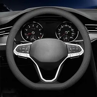 Carodi Latest Nappa Leather car Steering Wheel Cover, Stylish Non-Slip Leather car Interior 15 inches Universal (D-Shape,Black)