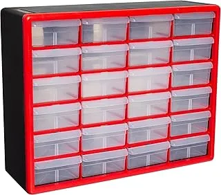 Akro-Mils 10124 24 Drawer Plastic Parts Storage, Hardware and Craft Cabinet, Nuts and Bolts Organizer, 20-Inch W x 6-Inch D x 16-Inch H, Red