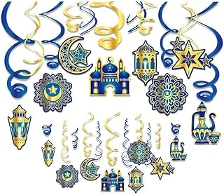 Blue & Gold Ramadan Hanging Swirls Pack of 4 Happy Eid Party Foil Ceiling Decorations, Islamic Eid Mubarak Party Foil Swirls Party Decoration Supplies