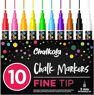 Fine Tip Chalk Markers (10 Pack 3mm) - Bold Color Erasable Dry Erase Marker Pens for Blackboards, Chalkboard, Window, Bistro - 3mm Reversible Bullet & Chisel Point