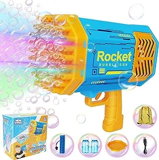 Bubble Machine Bubble Gun 69 Holes with Colorful Lights Rocket Boom Bubble Gun Blower for Adults Kids Toddlers Rocket Launcher Bubble Machine Toys for Outdoor Birthday Wedding Party Gift (Blue)