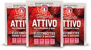 Veloforte Attivo Electrolyte Hydration Powder - Wild Strawberry & Basil - 9 count x 25g - 22gr Carbs,265mg Potassium,350mg Sodium,75mg Caffeine,Rehydrate, Electrolytes,All Natural,Vegan,Gluten Free