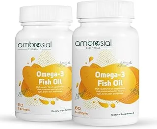 Ambrosial Omega 3 Fish Oil supplement 1000mg with 180mg EPA & 120mg DHA | Premium Fatty Acids| Supports Heart, Brain & Eye Health 1000mg per Tablet (Pack of 2-120 Softgel)