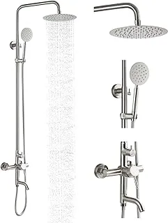 Stainless Steel SUS304 Silver Shower faucet Set Wall Mount Triple Function Shower System 8 inches Shower Head Bathroom Adjustable Hand Spray Rainfall Brushed Nickel Shower Faucet Complete Set