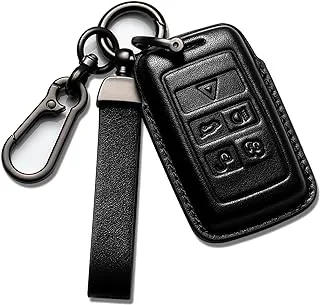 Smyfob Land Rover Key Fob Cover Leather Lanyard Compatible with Land Rover Discovery Defender Range Rover Keychain Holder car Key Case, Model A, Black