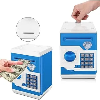 Pynior Kids Electronic Piggy Bank, Gifts for Kids Mini ATM Piggy Bank for Real Money Safe Box Coin Money Bank with Lock, Toy Gift for Children Boys Girls (Blue-White)