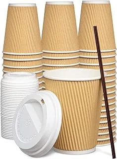 12 oz [30 Pcs] Brown Disposable Ripple Insulated Coffee Cups With Lid - Hot Beverage Corrugated Paper Cups - Pack Of 30 Cups and Lids