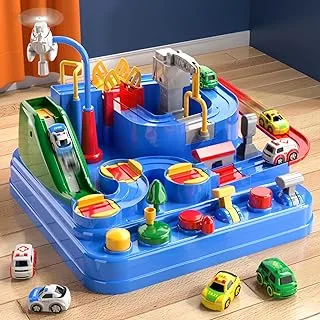 Lucky Doug Race Car Tracks for Boys, Rescue Adventure Toys with 4 Mini 6 Buttons 3 5 Years Old Toddlers Boys Girls, Manually Operated Playset Education Kids Age 3+