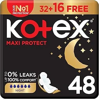 Kotex Maxi Protect Thick Pads, Overnight Protection Sanitary Pads with Wings, 48